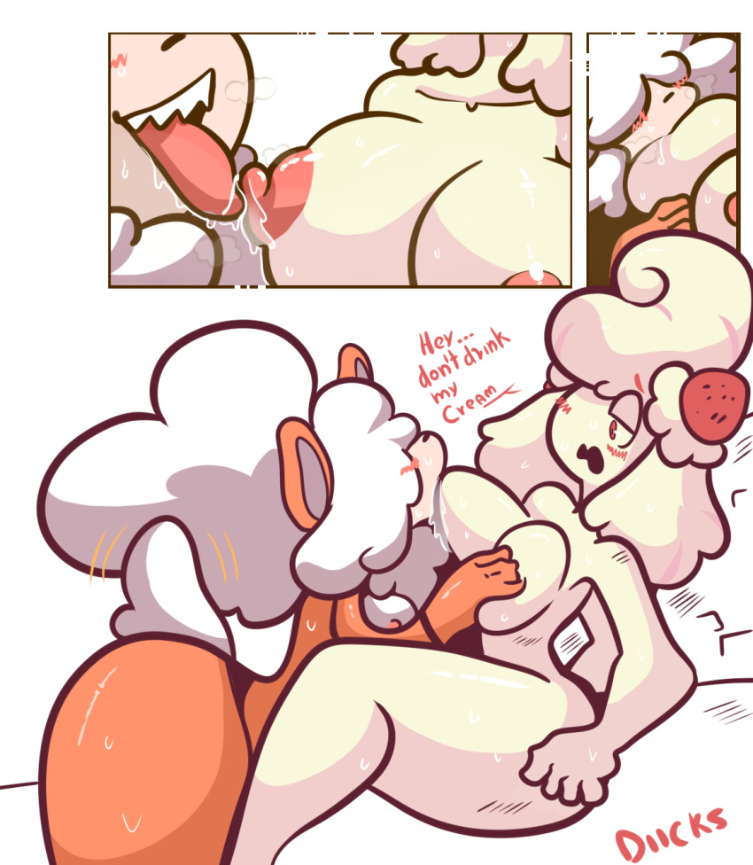 alcremie anthro areola blush breast_play breast_sucking breasts canid canine cream_(diicks) digital_media_(artwork) diicks duo female female/female food food_creature food_hair fruit fur generation_1_pokemon generation_8_pokemon growlithe hair hair_over_eyes hi_res hisuian_form hisuian_growlithe mammal nintendo nipples nude open_mouth plant pokémon_(species) pokemon pokemon_(species) pokemon_legends:_arceus red_eyes regional_form_(pokemon) simple_background smile strawberry sucking text thick_thighs tongue tongue_out video_games wide_hips