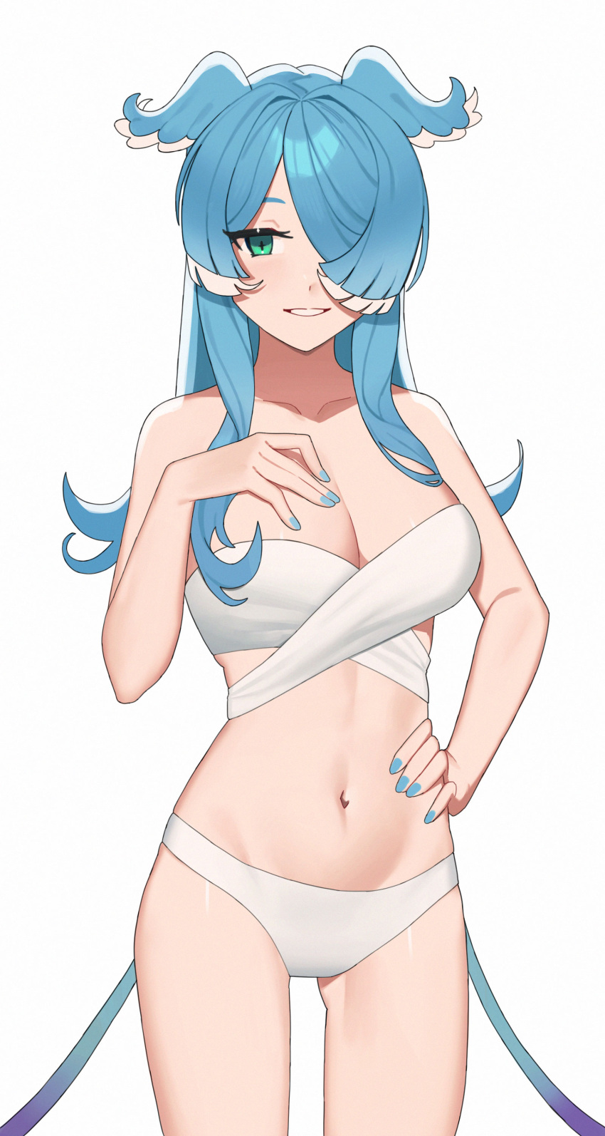 ass_visible_through_thighs blue_hair cleavage elira_pendora hair_over_one_eye hand_on_breast head_wings karassawa navel nijisanji nijisanji_en painted_nails smile swimsuit virtual_youtuber white_swimsuit wings