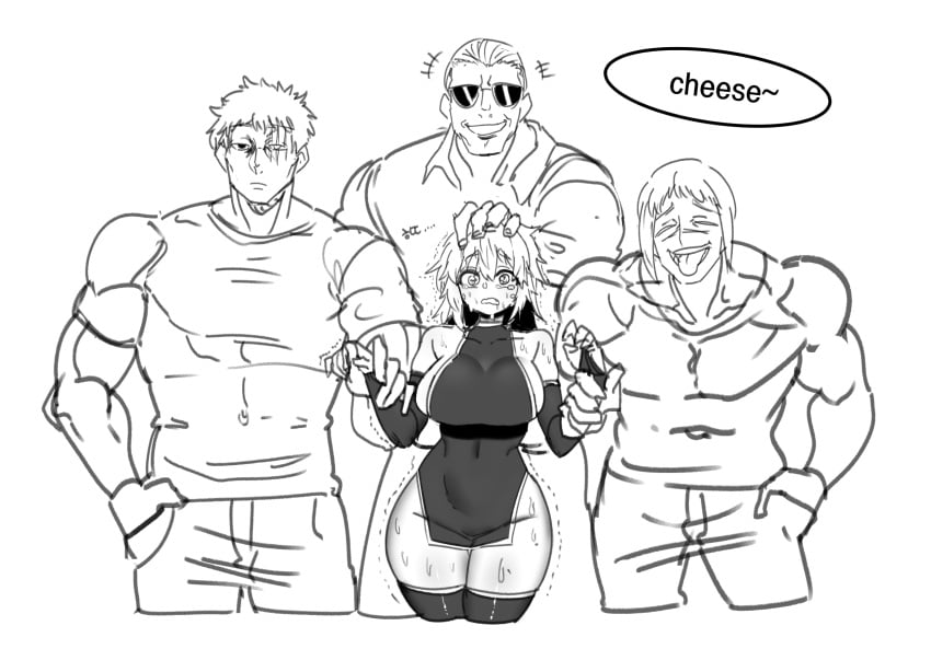 1girls 3boys arm_grab big_breasts bridal_gauntlets china_dress chinese_clothes edward_wu english_text female fist_of_the_seeker genderswap_(mtf) hand_on_another's_head height_difference js4935 kengan_(series) kengan_ashura kengan_omega kureishi_mitsuyo larger_male male monochrome muscular_male narushima_joji nervous photo recording rule_63 short_dress side_slit sideboob size_difference sketch smaller_female speech_bubble surrounded sweat tears thighhighs trembling v wavy_mouth wide_hips wrist_grab xia_ji