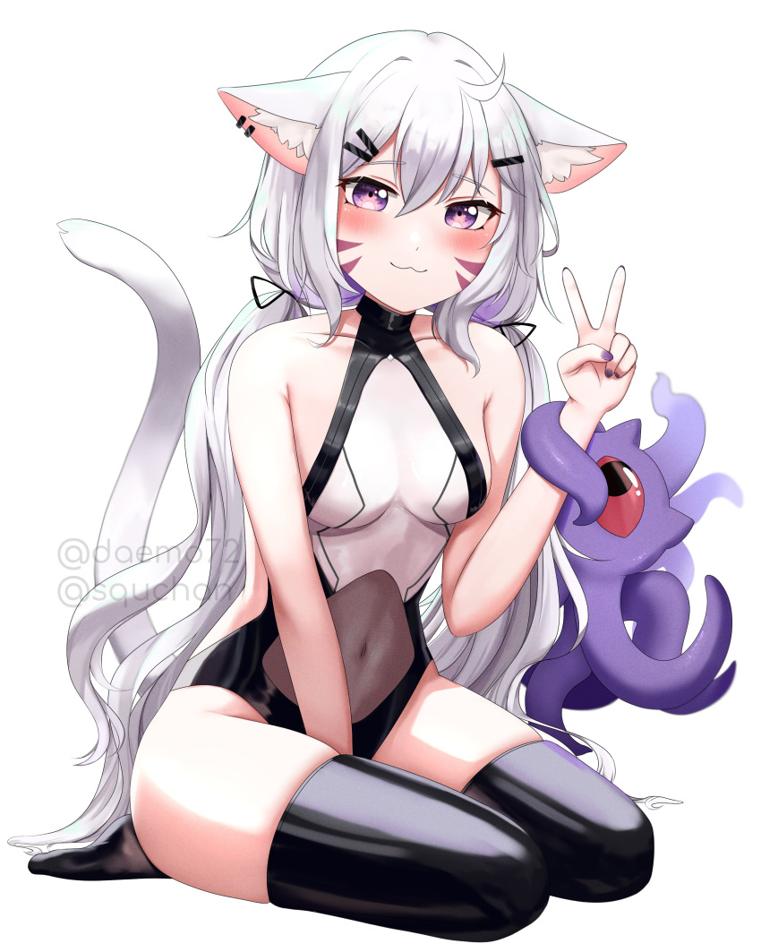 1girl 1girls :3 absurdres ahoge alheitrakzoth animal_ears bangs bare_arms bare_shoulders between_legs black_legwear black_thighhighs blush breasts cat_ears cat_girl cat_tail closed_mouth covered_navel creature daemo72 fang fang_out full_body hair_between_eyes hair_ornament hairclip hand_between_legs heart highleg highres jewelry leotard long_hair looking_at_viewer low_twintails medium_breasts nail_polish one-piece_swimsuit piercing purple_eyes see-through_swimsuit seiza silver_hair simple_background sitting sleeveless small_breasts smile solo squchan_(vtuber) striped swimsuit tail thighhighs twintails v vertical_stripes very_long_hair virtual_youtuber vyugen white_background white_hair