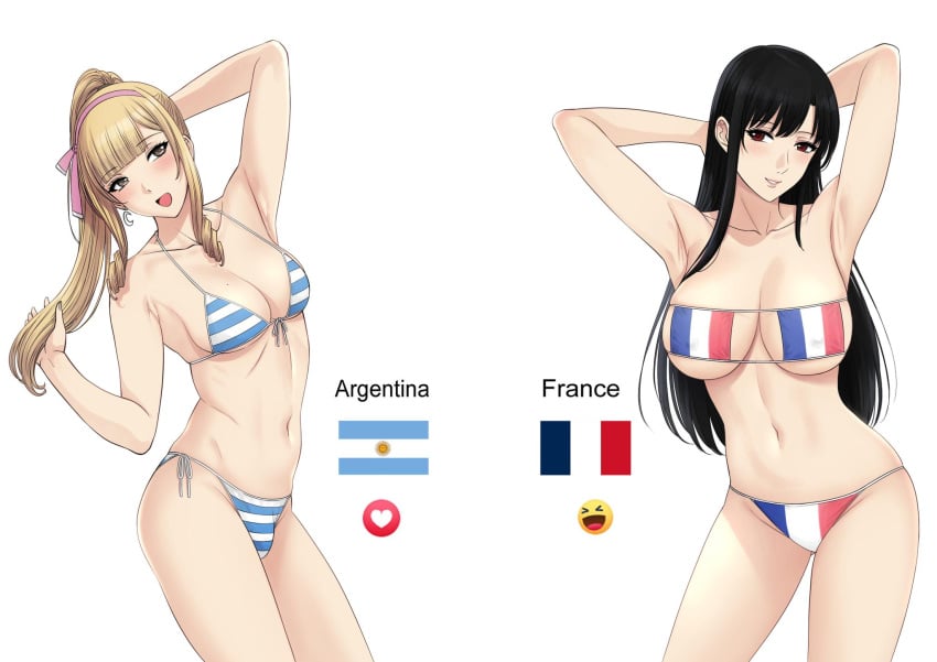 1futa 1girls argentina argentinian bangs big_breasts bikini black_hair blush breast_size_difference breasts clothed clothing duo facebook female flaccid flag_bikini france french futanari hair_ornament hairband hands_behind_head human human_only light-skinned_female light-skinned_futanari light_skin long_hair mostly_nude national_personification nut-chan original penis_bulge penis_in_ass penis_under_clothes ponytail standing touching_hair xtermination