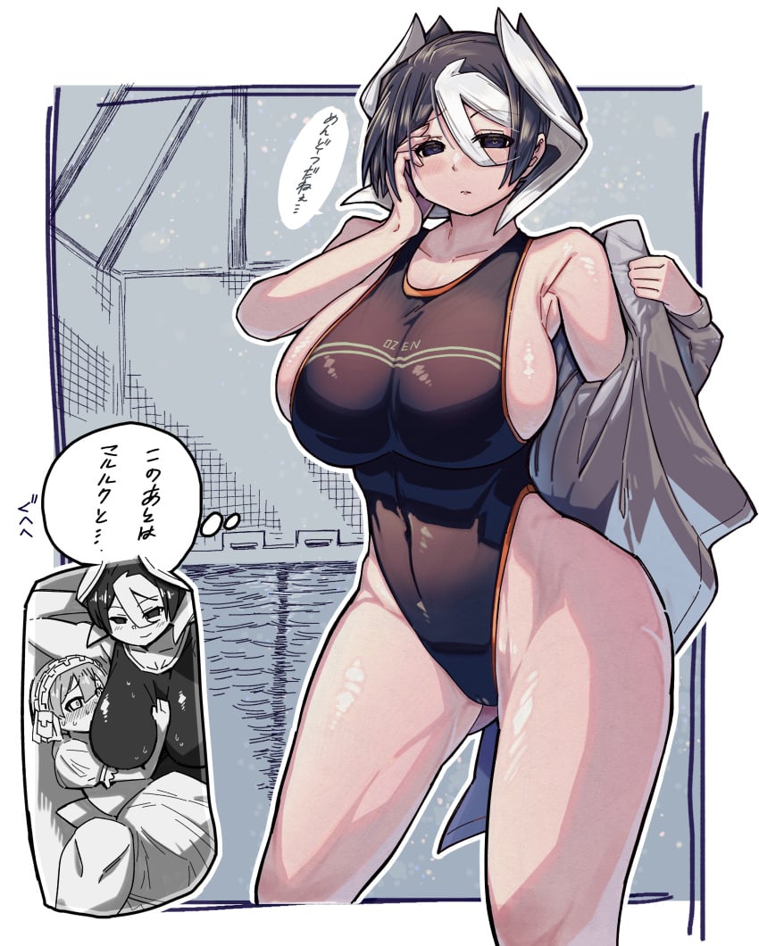 1boy 1girls alternate_costume big_breasts black_and_white_hair black_eyes black_hair black_swimsuit blush cleavage female female_focus hair_between_eyes highleg highleg_swimsuit huge_breasts japanese_text kingofbandit156 looking_at_viewer made_in_abyss male marulk off_shoulder one-piece_swimsuit open_shirt ozen pool school_swimsuit sideboob solo_focus swimsuit teacher_and_student two_tone_hair undressing wide_hips