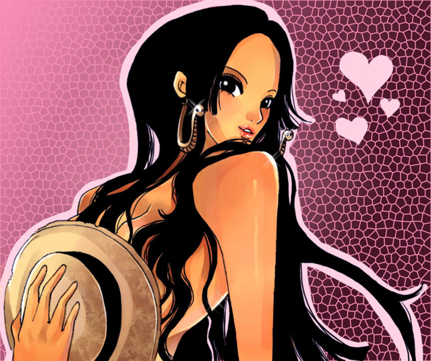 1girls artist_request black_hair boa_hancock breasts censored earrings female female_only hat heart long_hair looking_at_viewer nude one_piece pink_background solo straight_hair straw_hat white_skin