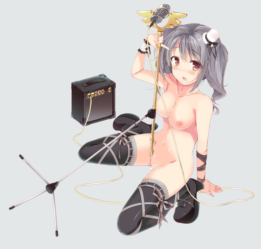 blush breasts brown_eyes female hat idolmaster idolmaster_cinderella_girls ise kanzaki_ranko long_hair looking_at_viewer microphone microphone_stand mini_top_hat navel nipples nude open_mouth pussy pussy_juice silver_hair sitting solo thighhighs tied_hair top_hat twintails wariza wrist_cuffs