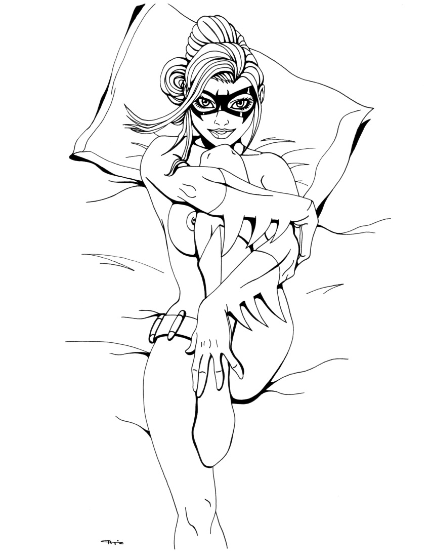 above_view all-star_batman_and_robin armwear barbara_gordon batgirl batman_(series) belt black_and_white boots breasts clothing dc_comics domino_mask eso2001 female female_only footwear gloves hugging_leg human looking_at_viewer lying mask monochrome mostly_nude nipples on_back pillow pinup ponytail posing smile solo utility_belt