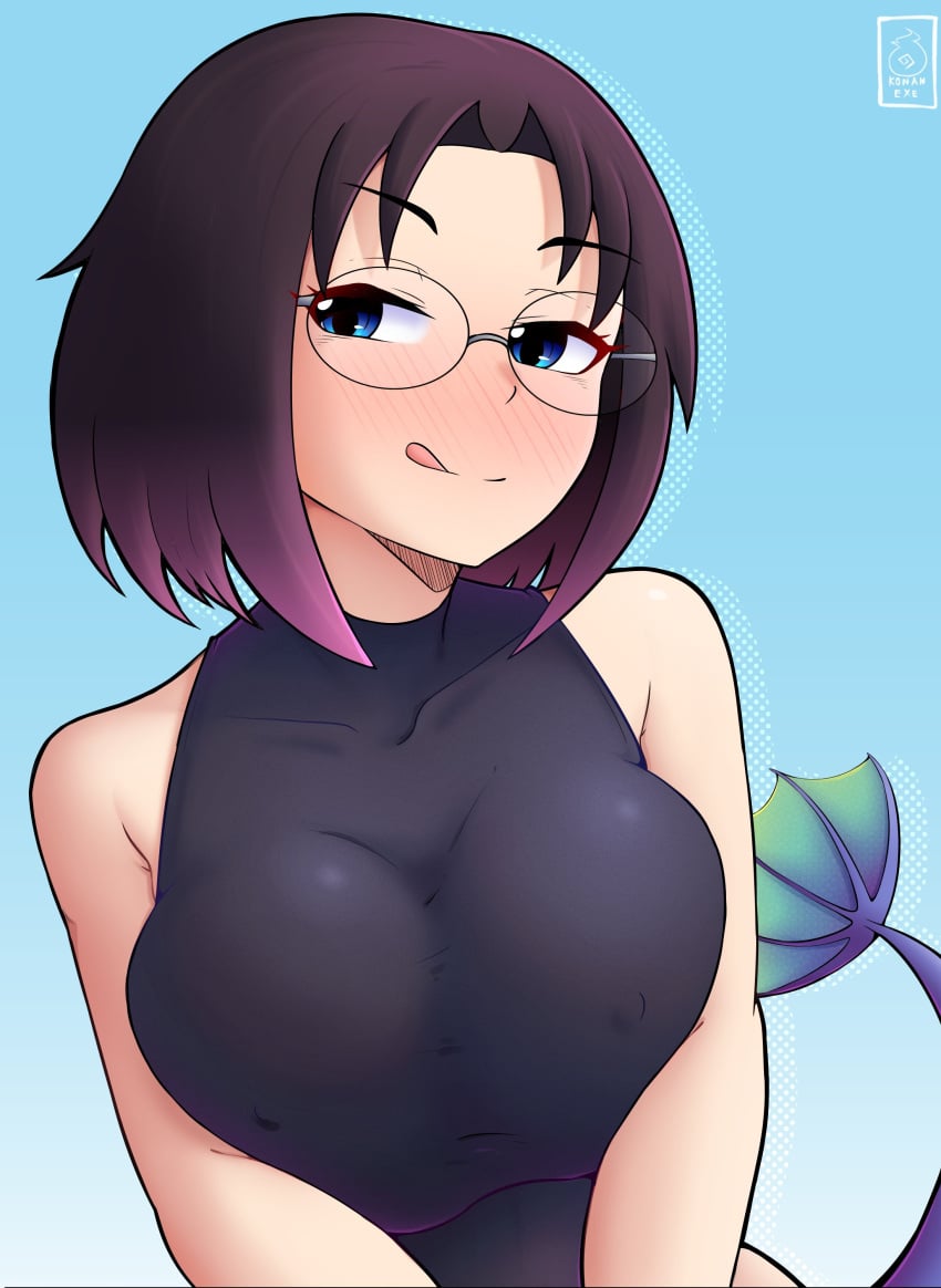 1girls alternate_version_at_source alternate_version_available big_breasts blue_eyes blush breasts clothed dragon_girl dragon_horns dragon_tail elma_(dragon_maid) eyebrows_visible_through_hair female female_only glasses hi_res huge_breasts kobayashi-san_chi_no_maidragon konanexe light-skinned_female looking_at_viewer miss_kobayashi's_dragon_maid nipple_bulge nipples one-piece_swimsuit pressing_breasts_together short_hair tongue_out unicorn_horn wide_hips