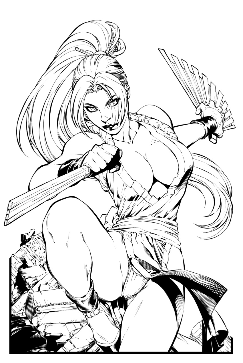 1girls big_breasts black_and_white breasts cleavage clothed clothing dual_wielding ed_benes ed_benes_studio fatal_fury female female_only footwear front_view hand_fan holding_fan holding_object human king_of_fighters leg_up looking_at_viewer mai_shiranui monochrome panties ponytail shoes simple_background solo tagme underwear very_long_hair white_background wristband