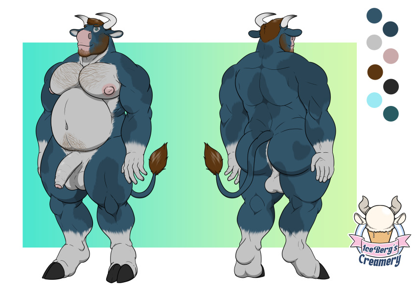 1ceberg absurd_res anthro balls belly big_pecs blue_body body_hair bovid bovine cattle erection genitals hi_res humanoid_genitalia male mammal mottled musclegut muscular muscular_male nipples nude overweight pecs slightly_chubby solo standing stubble