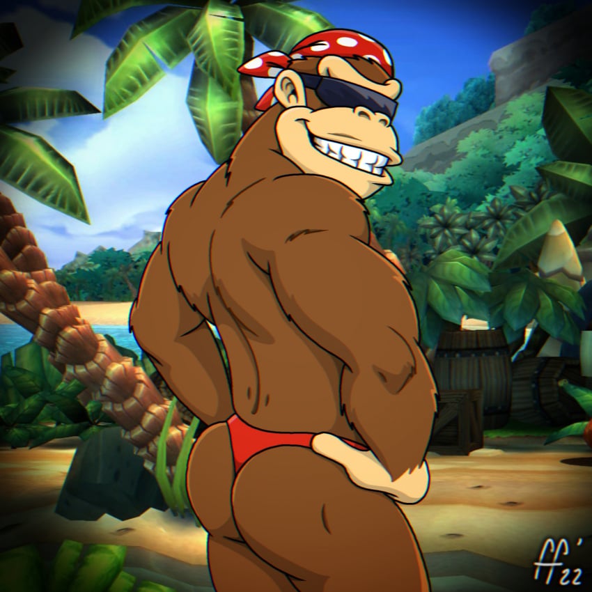 1boy ass ass_focus back back_muscles back_view bandana bara barazoku beach black_sunglasses butt_focus donkey_kong_(series) fabfelipe funky_kong furry grin grinning hands_on_hips looking_back male male_focus male_only manly muscles muscular muscular_back muscular_male outdoors outside red_bandana red_thong red_underwear smile smiling smiling_at_viewer solo solo_focus solo_male standing sunglasses thong thong_only underwear underwear_only