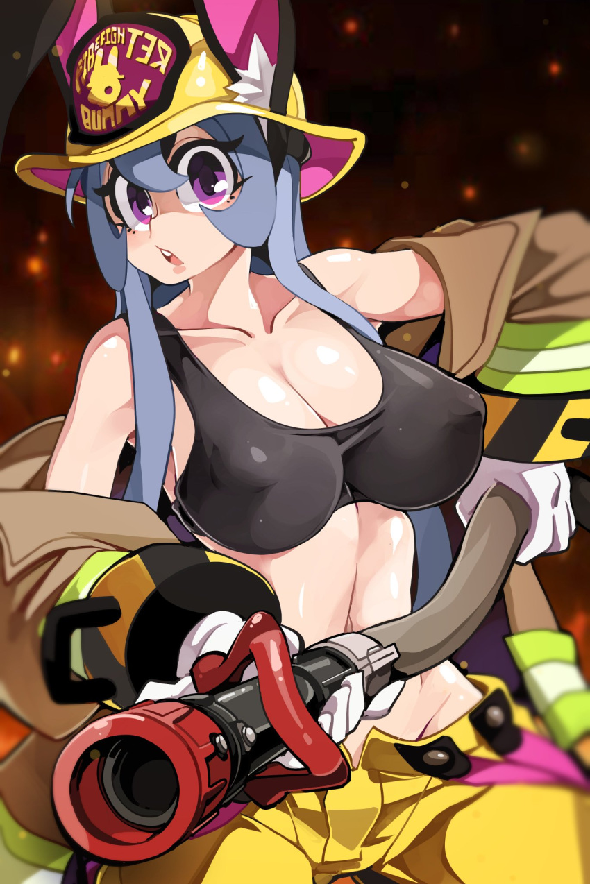 big_breasts bongfillstudent bunny_industry_(bongfillstudent) firefighter hose midriff sports_bra tagme tank_bunny_(bongfillstudent) water_hose