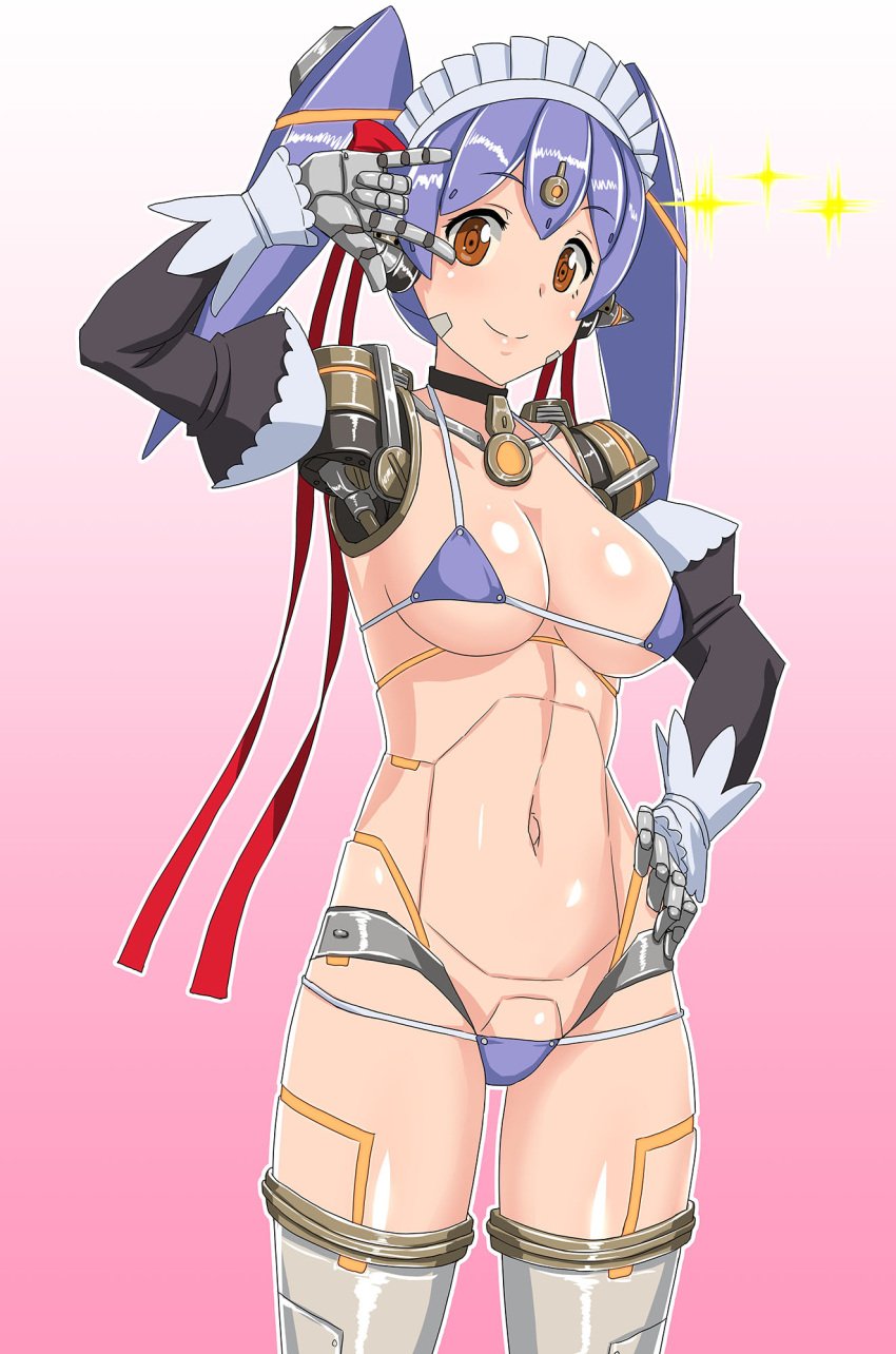 bikini blade_(xenoblade) choker clothed core_crystal maid maid_headdress poppi_(xenoblade) poppi_qt_(xenoblade) purple_hair robot robot_girl skimpy skimpy_bikini skimpy_clothes teenager thighhighs twintails xenoblade_(series) xenoblade_chronicles_2