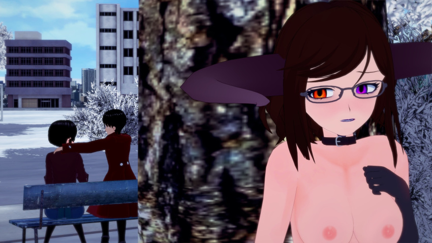 biting_lip blush breasts brown_hair choker demon demon_girl demon_horns exhibitionism exhibitionist glasses heterochromia hiding madame_doom madame_doom(artist) naked nipples nude orange_eyes outdoors outside park park_bench purple_eyes purple_lipstick snow