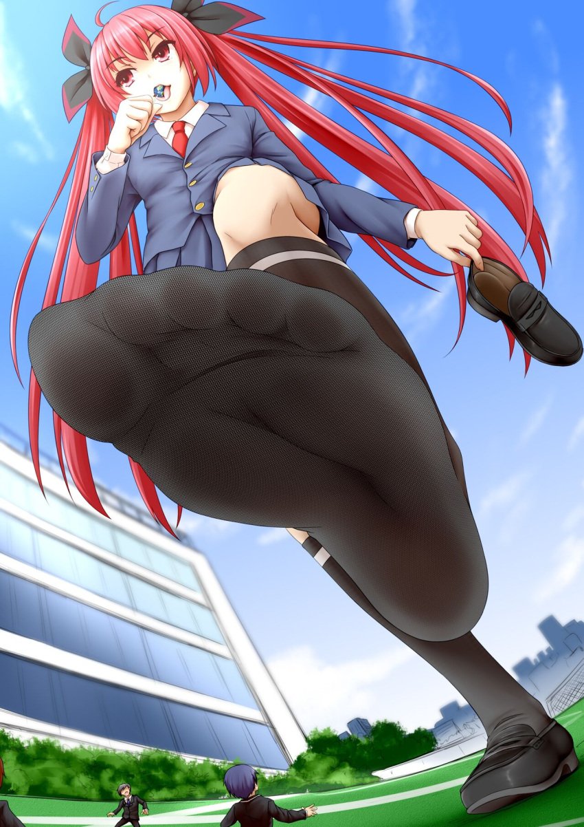 1girls 3boys alternate_version_available blouse cg17 date_a_live detailed_background earth female_focus foot_fetish foot_focus giantess grass itsuka_kotori jacket kneesocks lollipop long_hair miniboy red_eyes red_hair school school_uniform shoe_removed shrink_high skirt tie twintails