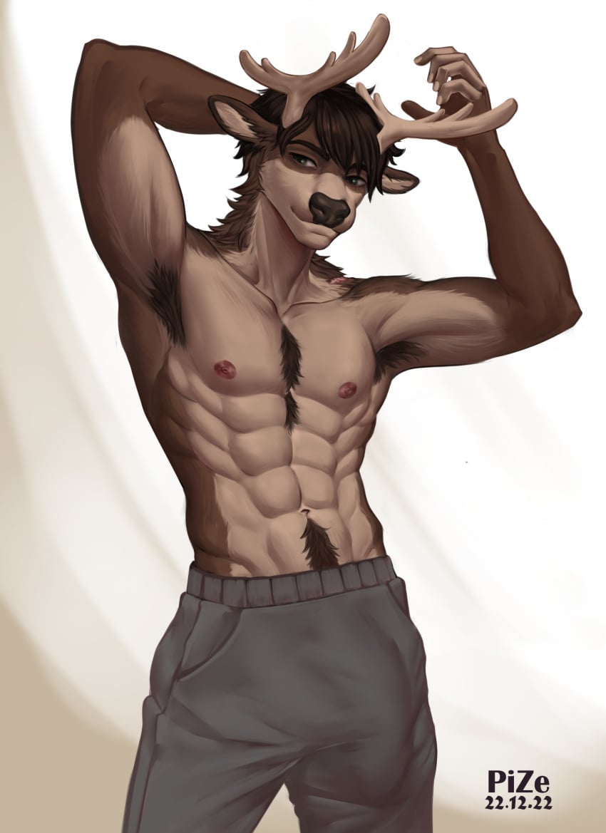 abs anthro antlers armpit_hair big_bulge black_nose body_hair brown_body brown_fur brown_hair bulge chest_tuft clothed clothing deer fur genital_outline green_eyes hair hand_behind_head happy_trail hi_res horn male mammal muscular muscular_anthro muscular_male nipples obliques partially_clothed penis_outline pinup pize pose raised_arms rook_(lazymoose) serratus shirtless solo standing sweatpants tan_body tan_fur tuft