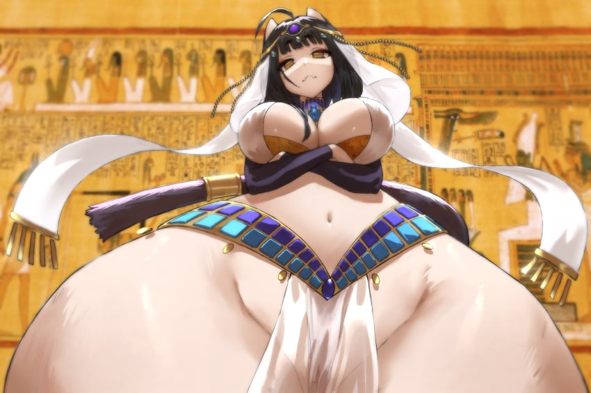 arms_crossed big_breasts breasts egyptian haraya huge_thighs hyper_ass hyper_thighs indie_virtual_youtuber looking_at_viewer looking_down saavlewd tagme virtual_youtuber yellow_background