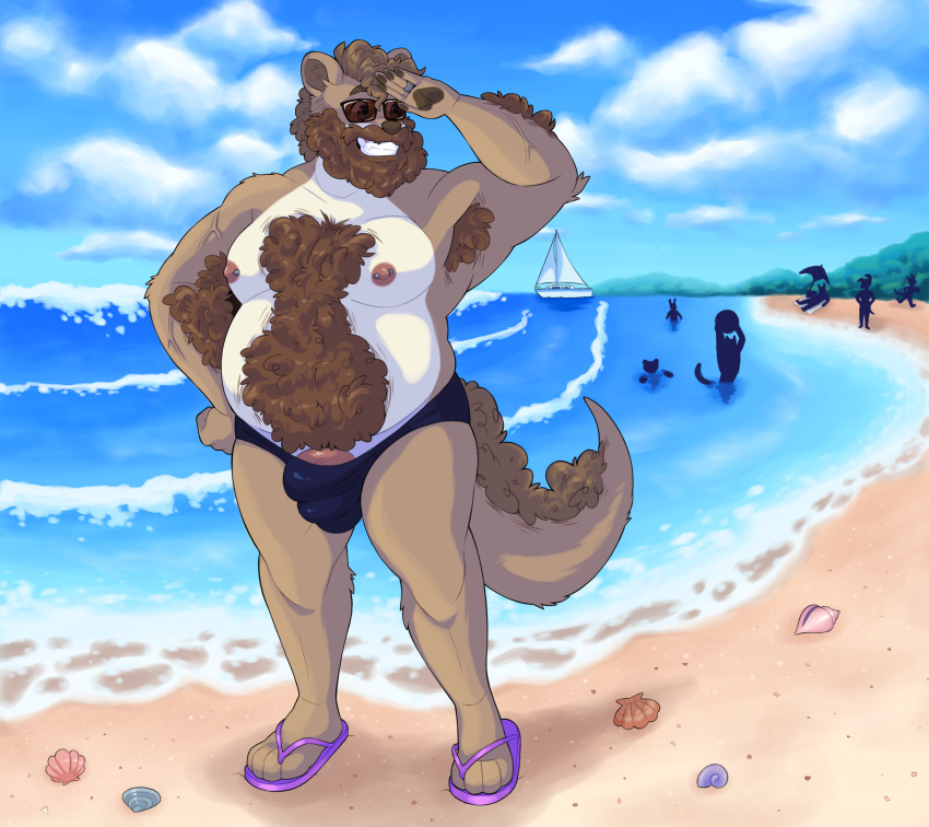 1boy 5_fingers absurd_res anthro areola armpit_hair barbell_piercing barely_contained beach beard biceps big_muscles body_fur body_hair brown_hair bulge chest_hair clothed clothing dave_(otterloops) db_dave_(otterloops) digital_media_(artwork) diphallia diphallism eyewear facial_hair fingers flip_flops footwear gazing genitals hairy_male half_naked hi_res ineffective_clothing long_taglist male male_nipples male_only mammal masculine mature_male multi_genitalia multi_penis musclegut muscles muscular_anthro muscular_male mustache mustelid nipple_barbell nipple_piercing otter otterloops outside pecs penis penis_bulge piercing public_topless raised_arm ring sand sandals seaside smile soft-dogs solo speedo standing stomach_hair sunglasses swimwear tan_fur teeth topless topless_anthro topless_male two_tone_body two_tone_fur veiny_penis vertical_diphallism white_countershading