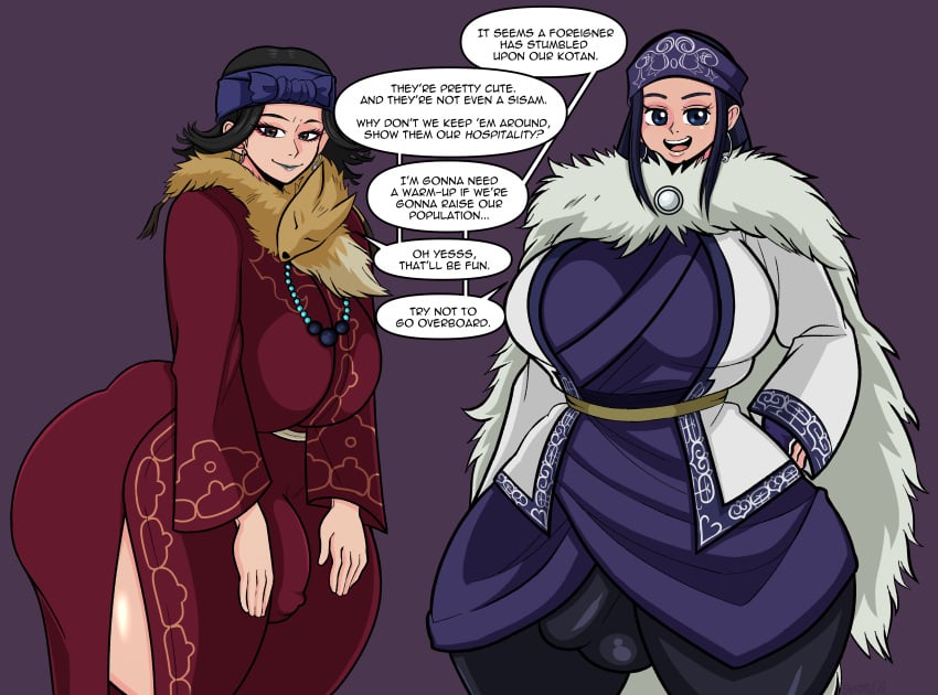 2022 2futas ainu_clothes asirpa bermuda_art big_breasts black_hair breasts clothed clothing dialogue duo english_text flaccid fully_clothed futa_only futanari golden_kamuy human imminent_rape inkarmat light-skinned_futanari light_skin long_hair penis standing text thick_thighs