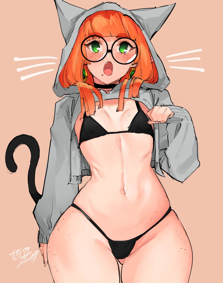 1girls bikini cleavage cropped_hoodie flat_chest freckles glasses hoodie kenshin187 kiara_(kenshin187) red_hair round_glasses solo string_bikini true_flat_chest wide_hips