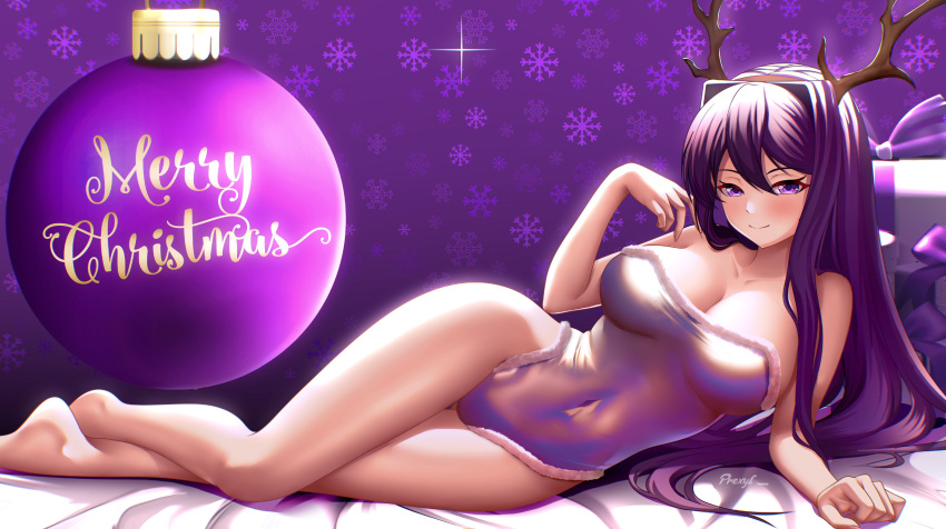 1girls antlers artist_name bauble bed bedroom_eyes blush christmas cleavage doki_doki_literature_club large_breasts long_hair looking_at_viewer present proxyl purple_eyes purple_hair seductive_smile smile snowflake thighs watermark writing yuri_(doki_doki_literature_club)