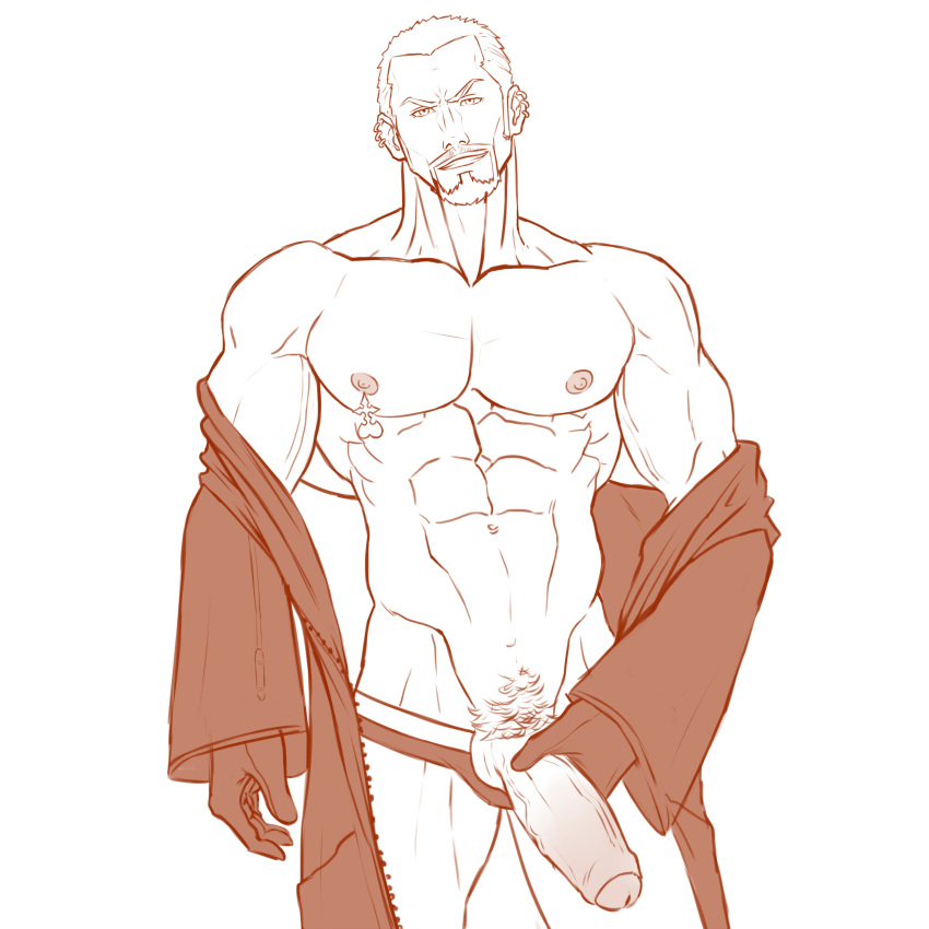 balls bara black_coat boner clothing ear_piercing erection facial_hair handwear human kingdom_hearts lupin_barnabi luxord male male_only monochrome muscles muscular nobody_(kingdom_hearts) organization_xiii outerwear pale_skin penis solo solo_male