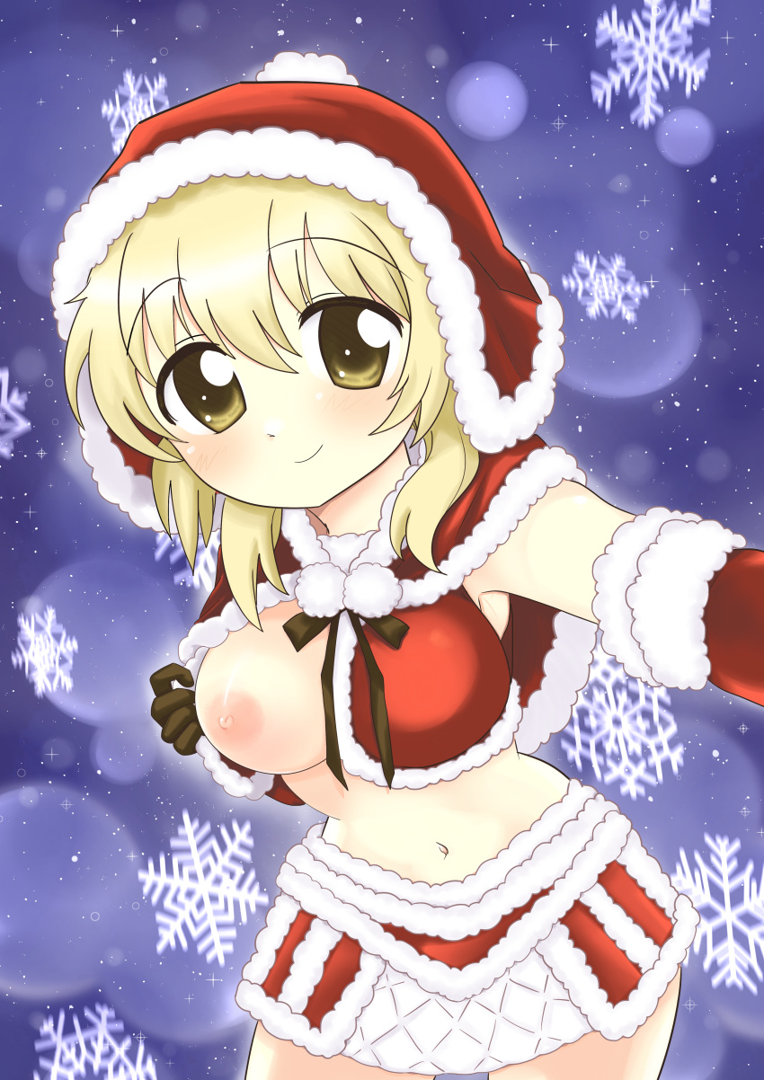 blonde_hair breasts christmas dard_drak female gloves hat hidamari_sketch long_hair looking_at_viewer miyako_(hidamari_sketch) nipples one_breast_out skirt smile solo