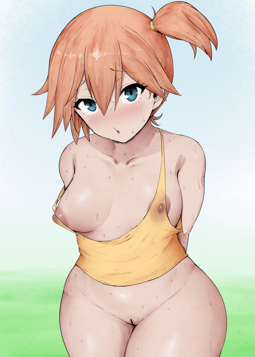 1girls areolae artist_cg asymmetrical_hair bangs bare_legs bare_thighs belly blue_eyes blush breasts breasts_out_of_clothes censor_bar censored cg_art cleavage color colored erect_nipples eyebrows_visible_through_hair eyelashes female female_only functionally_nude game_freak gym_leader hair_between_eyes hair_tie kasumi_(pokemon) kurotama large_breasts legs light-skinned light-skinned_female looking_at_viewer medium_breasts medium_hair motion_lines nintendo nipples nude one_breast_out_of_clothes orange_hair pokemon pokemon_(anime) pokemon_(classic_anime) pokemon_(game) pokemon_trainer ponytail shiny shiny_skin short_hair side_ponytail solo sweat teenager thick thighs tied_hair undressing vagina vest yellow_shirt