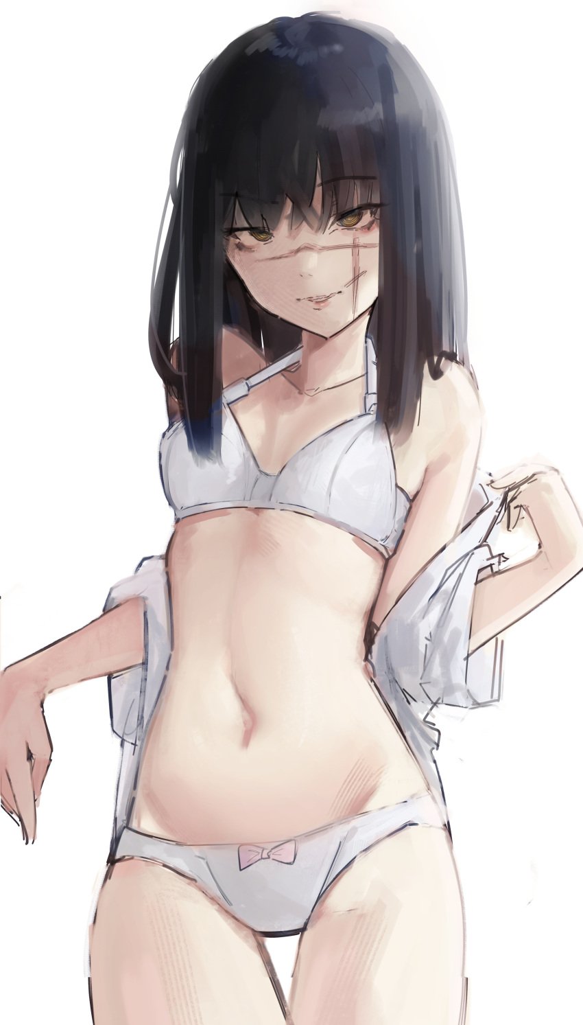 1girls black_hair bra chainsaw_man deko_morii eye_contact female female_only light-skinned_female light_skin long_hair looking_at_viewer mitaka_asa pale_skin panties scar scar_on_face small_breasts solo standing white_panties yoru_(chainsaw_man)