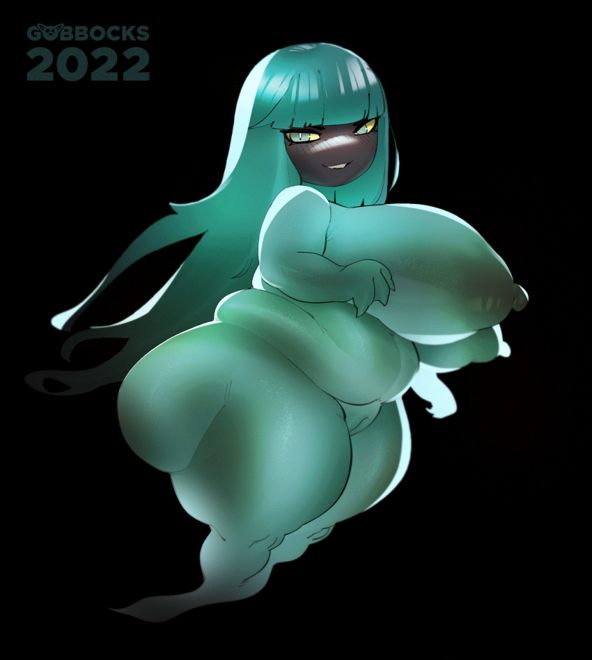 anthro bbw blue_hair blunt_bangs breasts chubby chubby_female dora_(hades) female ghost ghost_girl gobbocks hades_(game) hades_2 huge_breasts looking_at_viewer plump pussy shortstack solo solo_female solo_focus teal_body teal_hair teal_skin thick_thighs yellow_sclera