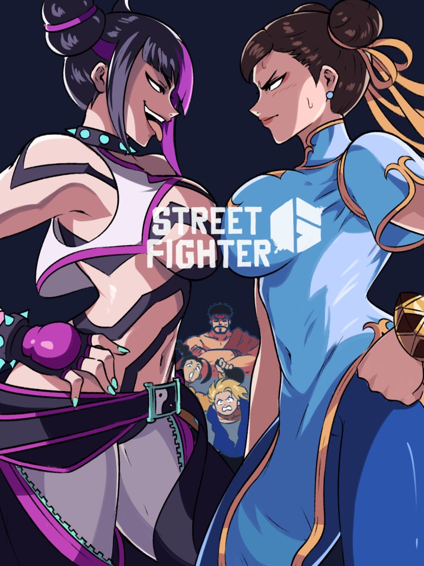 2girls :o aqua_nails beard belt black_hair blonde_hair bracelet braid breast_press breasts brown_hair capcom catfight china_dress chinese_clothes chun-li collar cone_hair_bun covered_navel crossed_arms double_bun dress earrings facial_hair fingerless_gloves gloves hair_bun hair_ribbon hand_on_hip headband highres impossible_clothes impossible_dress jamie_siu jewelry juri_han large_breasts luke_sullivan multicolored_hair nail_polish navel open_mouth pink_hair ribbon ryu_(street_fighter) single_braid smile spiked_bracelet spiked_collar spikes street_fighter street_fighter_6 street_fighter_iv street_fighter_iv_(series) street_fighter_v sweatdrop symmetrical_docking tinafate1 tongue tongue_out two-tone_hair yin_yang