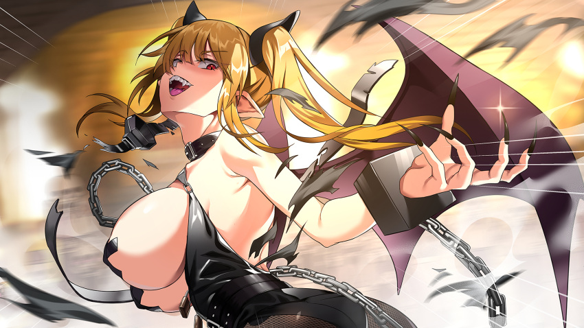 blonde_hair cg chains feminist_f-ist game_cg nail_polish painted_nails pointy_ears red_eyes sharp_teeth waifu_fighter wings