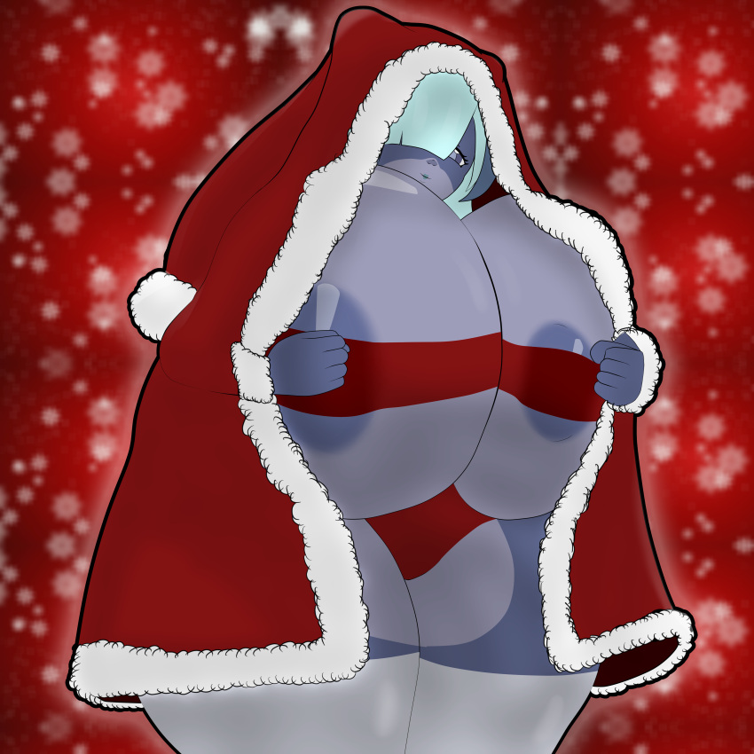 anthro cat_girl catgirl christmas christmas_clothing christmas_outfit cyan_hair grey_body grey_hair holidays huge_nipples massive_breasts milf mother mrschllyay original_character skunk skunk_girl valery_rika_(mrschllyay) wide_hips xmas