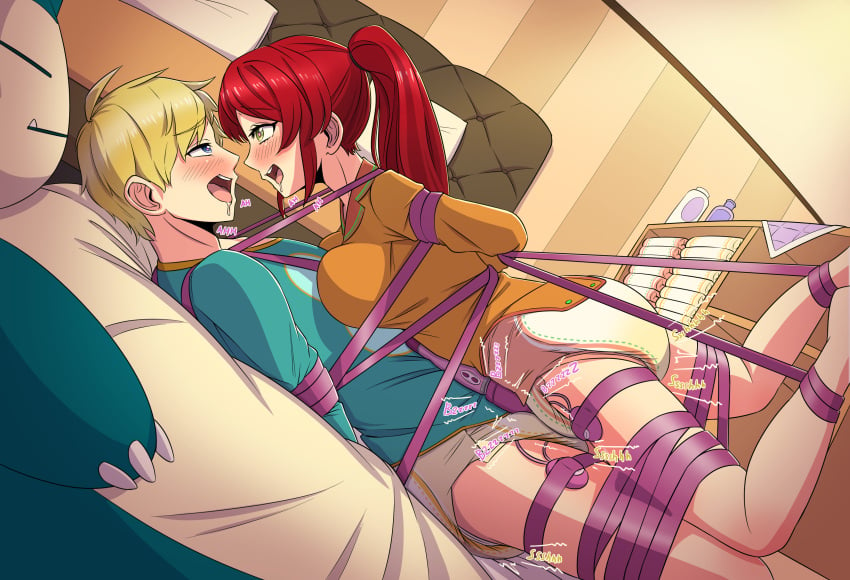 1boy 1boy1girl 1girls abdl blonde_hair blue_eyes bondage bound_together cumming_together diaper diaper_fetish diapered_lovers female green_eyes jaune_arc lovers male onesie pyrrha_nikos red_hair restrained rwby soft_bondage vibrator vibrator_in_diaper vibrator_on_diaper wet_diaper wetting wetting_diaper