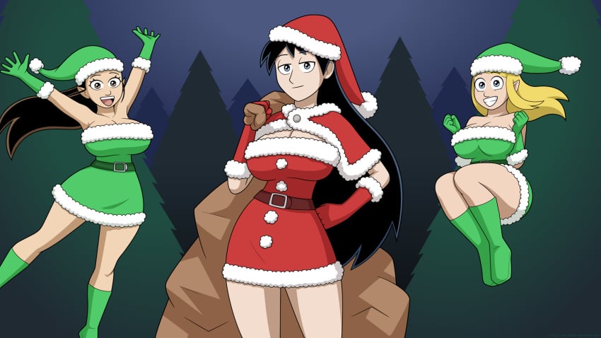 3girls ashley_(egs) christmas dan_shive el_goonish_shive elf elf_costume elf_female female_only huge_breasts pine_tree santa_costume santa_hat sarah_brown snow susan_pompoms