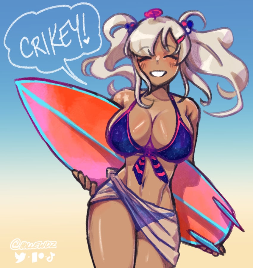 1girls big_breasts bikini blonde_hair blue_bikini blush breasts busty cleavage closed_eyes english_text female female_only grin highres hollewdz hololive hololive_english hololive_english_-council- large_breasts legs navel sarong smile solo surfboard swimsuit thick_thighs thighs toned tsukumo_sana twintails virtual_youtuber voluptuous