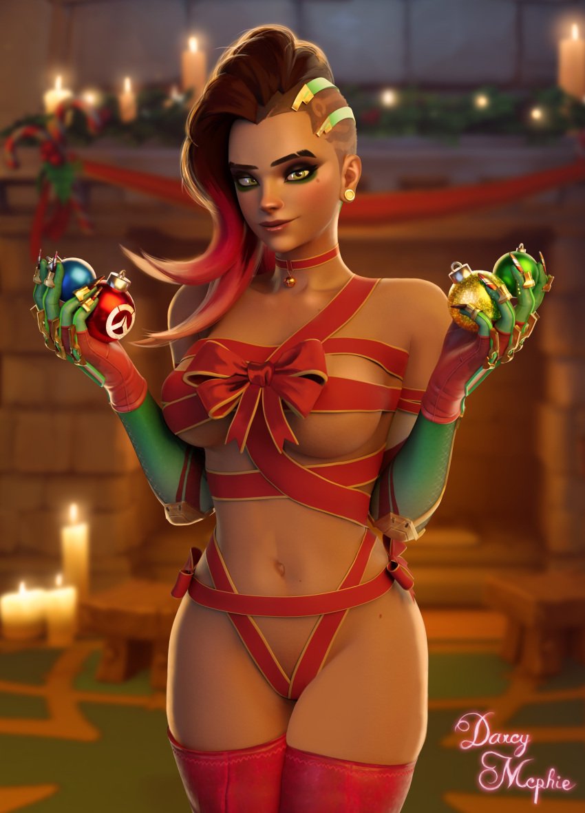 1girls 3d 3d_(artwork) big_breasts blender blender_(software) blizzard_entertainment blush choker christmas_clothing christmas_decorations christmas_outfit christmas_present christmas_tree clothed clothing darcy_mcphie female female_focus female_on_top female_only green_eyes makeup nude nude_female overwatch peppermint_sombra red_hair solo sombra stockings