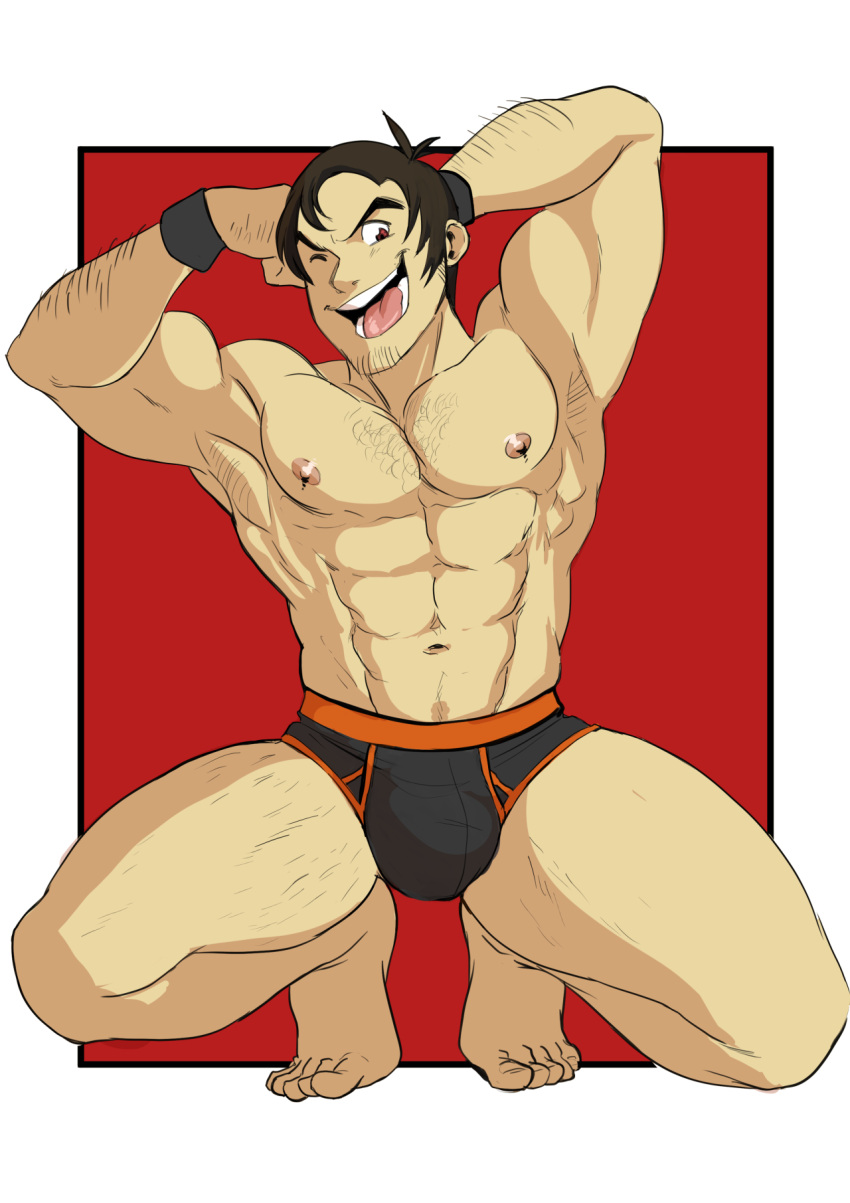 arm_hair balls bara beowulf_(skullgirls) body_hair booty_electric briefs briefs_only bulge facial_hair male male_only muscles muscular one_eye_closed penis skullgirls solo solo_male spread_legs squatting underwear underwear_only