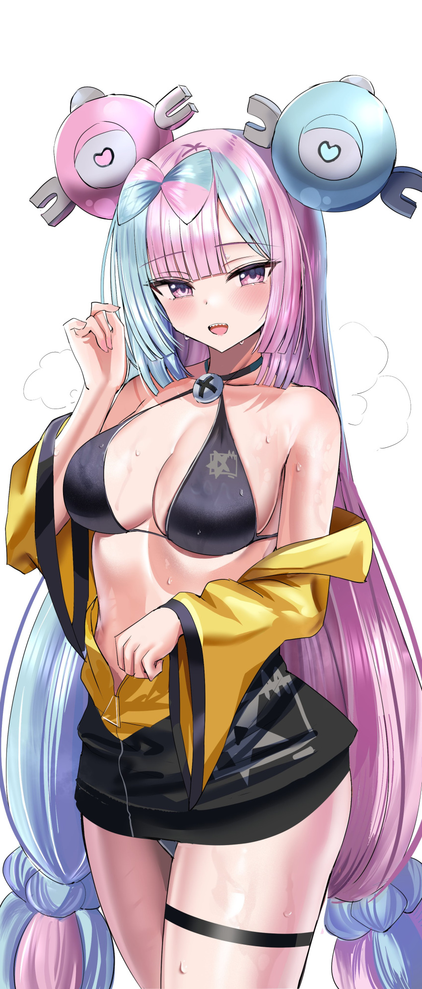 1girls alternate_version_available bikini_top blue_hair breasts clothed female gym_leader hanasaka_houcha human human_only iono_(pokemon) jacket long_hair long_sleeves medium_breasts nintendo pink_eyes pink_hair pointy_teeth pokemon pokemon_sv smile sweat sweaty_body thighs twintails two_tone_hair