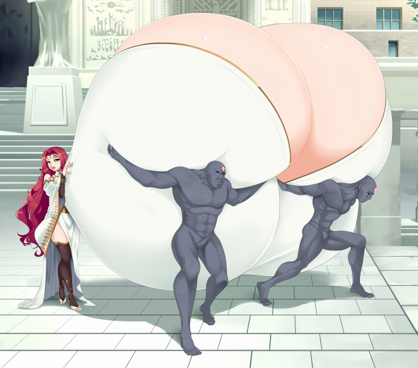 1girls breasts_bigger_than_body breasts_bigger_than_head breasts_bigger_than_torso carrying cleavage colossal_breasts female green_eyes hyper hyper_breasts impossible_clothes living_statue long_hair red_hair saburox skindentation tagme thighhighs walking