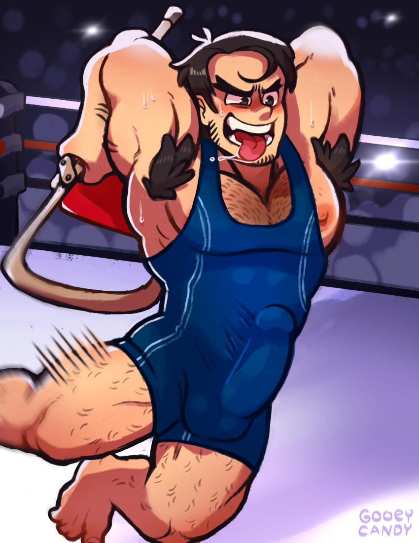 arm_hair armpit_hair balls bara beowulf_(skullgirls) blush body_hair boner chair erection erection_under_clothes facial_hair fight_boner folding_chair gooey_candy male male_only muscles muscular penis singlet skullgirls solo solo_male sweaty tongue_out wrestling_singlet