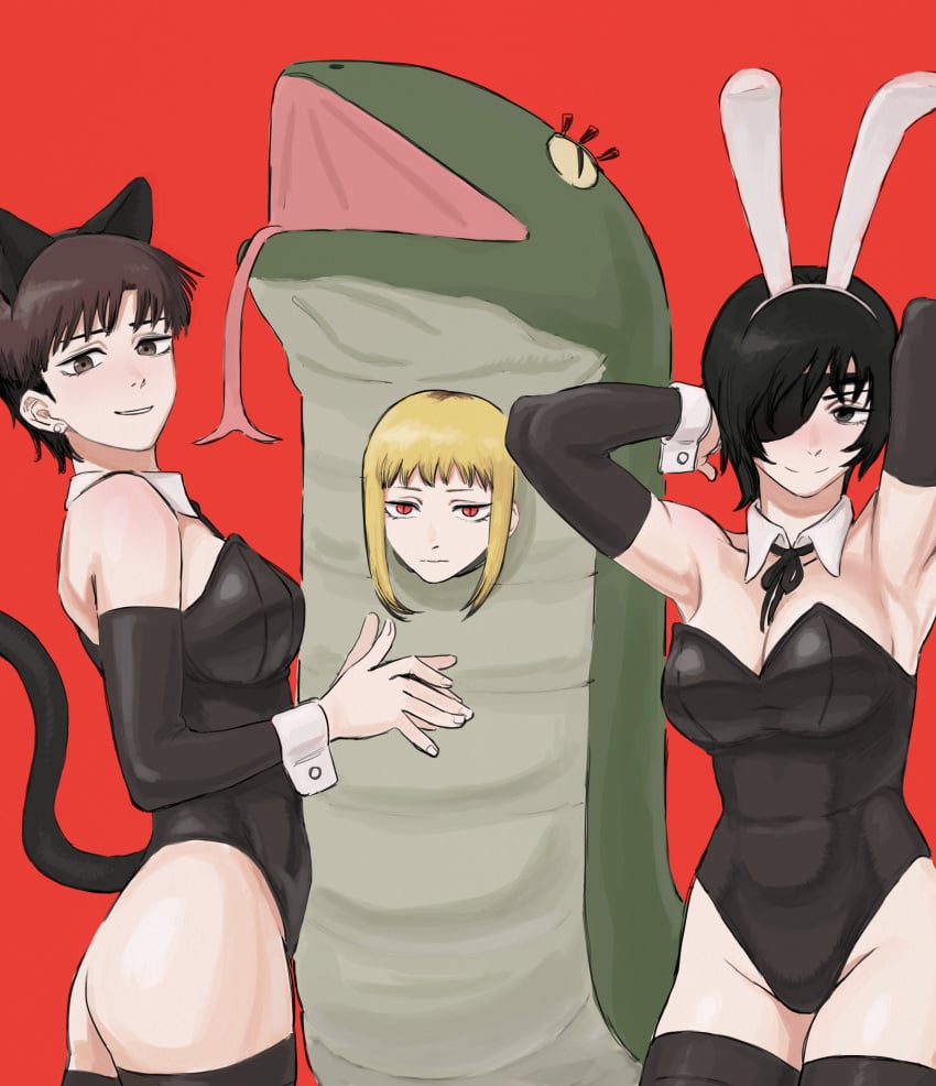 3girls absurdres animal_ear_headwear animal_ears armpits black_eyes black_hair black_leggings blonde_hair brown_eyes brown_hair bunny_ears bunnysuit cat_ears chainsaw_man dd36051 detached_collar division_4_female_member ear_piercing eyepatch fake_animal_ears female female_only forked_tongue highres himeno_(chainsaw_man) leggings leotard madoka's_partner_(chainsaw_man) multiple_girls piercing playboy_bunny rabbit_ears red_background red_eyes sawatari_akane simple_background slit_pupils smile snake_costume snake_devil_(chainsaw_man) tongue