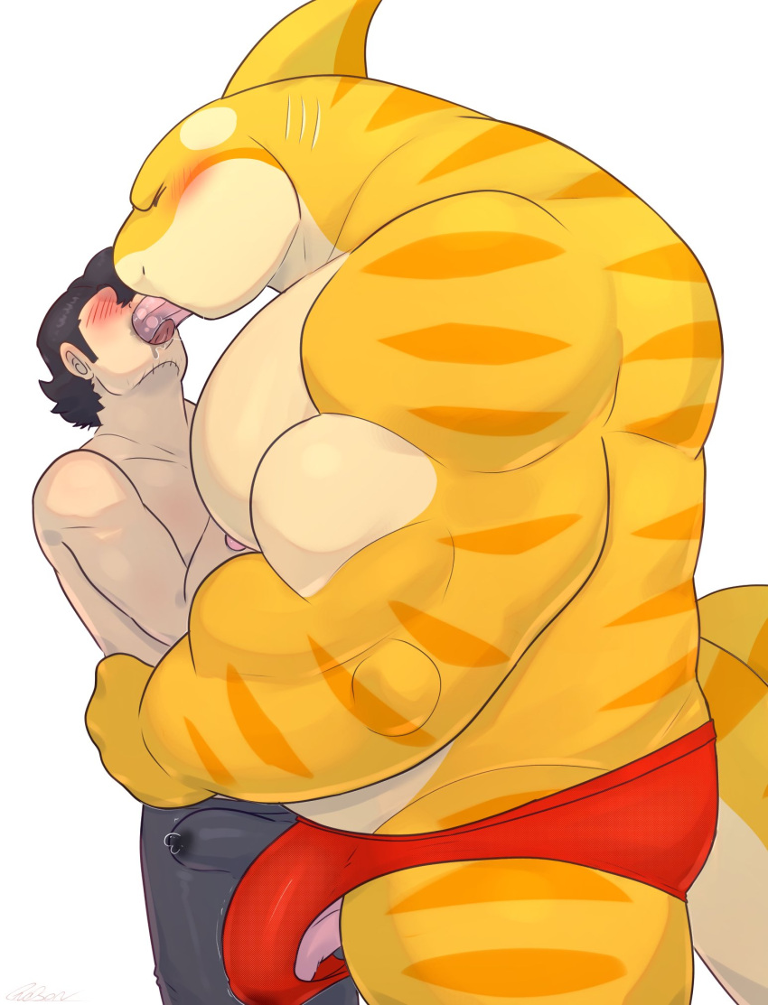 anthro big_muscles big_pecs blush bodily_fluids brown_hair closed_eyes clothed clothing deep_kiss duo embrace erection erection_under_clothing fin fish french_kissing genital_fluids gills hair hi_res hug human human_on_anthro interspecies kissing larger_anthro larger_male male male/male mammal marine multicolored_body muscular muscular_anthro muscular_male nipples pecs precum precum_through_clothing requiem_shark romantic romantic_couple same22shark shark shirtless size_difference smaller_human smaller_male speedo striped_body stripes swimwear tiger_shark wet wet_clothing white_body yellow_body