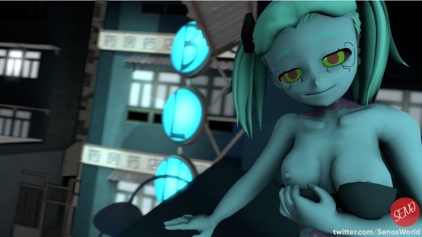 16:9 1girls 3d bra breasts city cyberpunk:_edgerunners cyberpunk_2077 exposed_breasts exposed_nipples exposed_torso female green_hair hair_bun highres multicolored_eyes night nipples partially_clothed rebecca_(edgerunners) sfm sfmseno small_breasts smaller_female solo solo_female solo_focus source_filmmaker