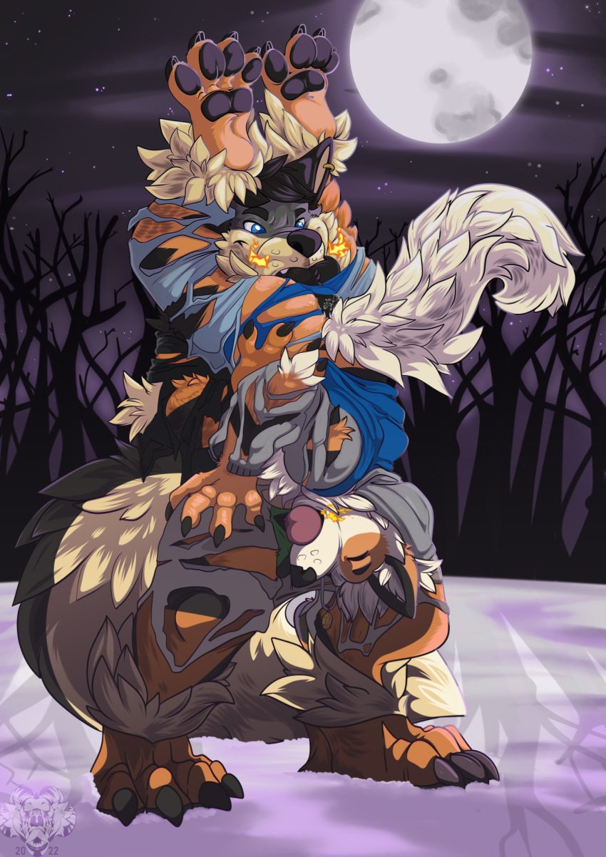 69_position after_transformation anthro arcanine awkore booshie canid canine canis clothing duo fire hi_res hybrid knot light male male/male mammal moon moonlight nintendo oral pokémon_(species) pokemon pokemon_(species) sex torn_clothing transformation upside-down wolf