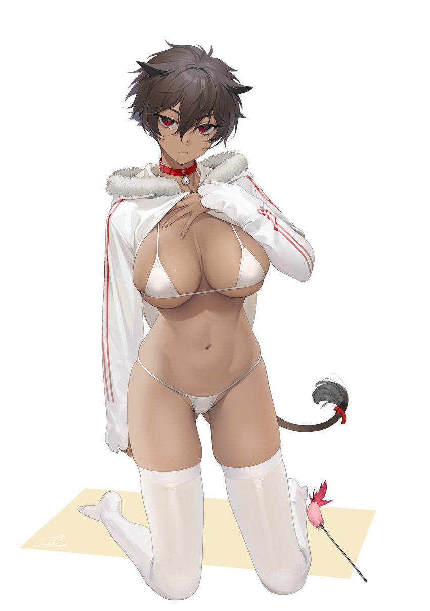 1girls artist_signature big_breasts breasts choker collar dark-skinned_female female female_focus female_only highres innie_pussy kneeling large_breasts lion_girl micchan_(ohisashiburi) navel ohisashiburi on_knees original original_character pussy red_eyes slit_pupils tail thighhighs thong tomboy very_short_hair white_bikini