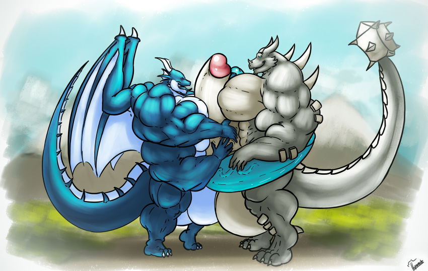 abs anthro artist_name balls barazoku biceps big_balls big_muscles big_penis blue_eyes digital_media_(artwork) digitigrade diphallia diphallism dominant dragon drakon duo erection frottage genitals grey_body grin handjob happy hi_res huge_balls huge_cock huge_muscles humanoid_genitalia humanoid_penis hyper hyper_balls hyper_genitalia hyper_muscles hyper_penis kardukk kobold looking_at_another male male/male masturbation mountain multi_arm multi_genitalia multi_limb multi_penis multicolored_body muscular muscular_anthro muscular_male nude paws pecs penile penis reptile scalie sex shaded signature simple_background size_difference smile spikes standing teasing tongue tongue_out two_tone_body two_tone_tail uniparasite white_body