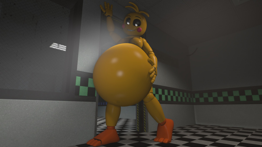 3d 5_fingers belly_bigger_than_head big_belly big_feet blush chica_(fnaf) female five_nights_at_freddy's five_nights_at_freddy's_2 glowing_eyes hand_on_belly hand_on_wall medium_breasts nacked ocsda orange_feet simple_background toy_chica_(fnaf) toy_chica_(love_taste) vore white_pupils yellow_body