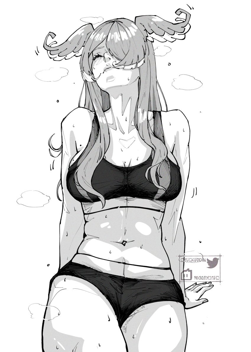 breasts chuckuddin closed_eyes dragon_girl elira_pendora fit_female hair_over_one_eye head_wings looking_up mole mole_on_armpit monochrome navel nijisanji nijisanji_en sitting sports_bra steam sweat virtual_youtuber