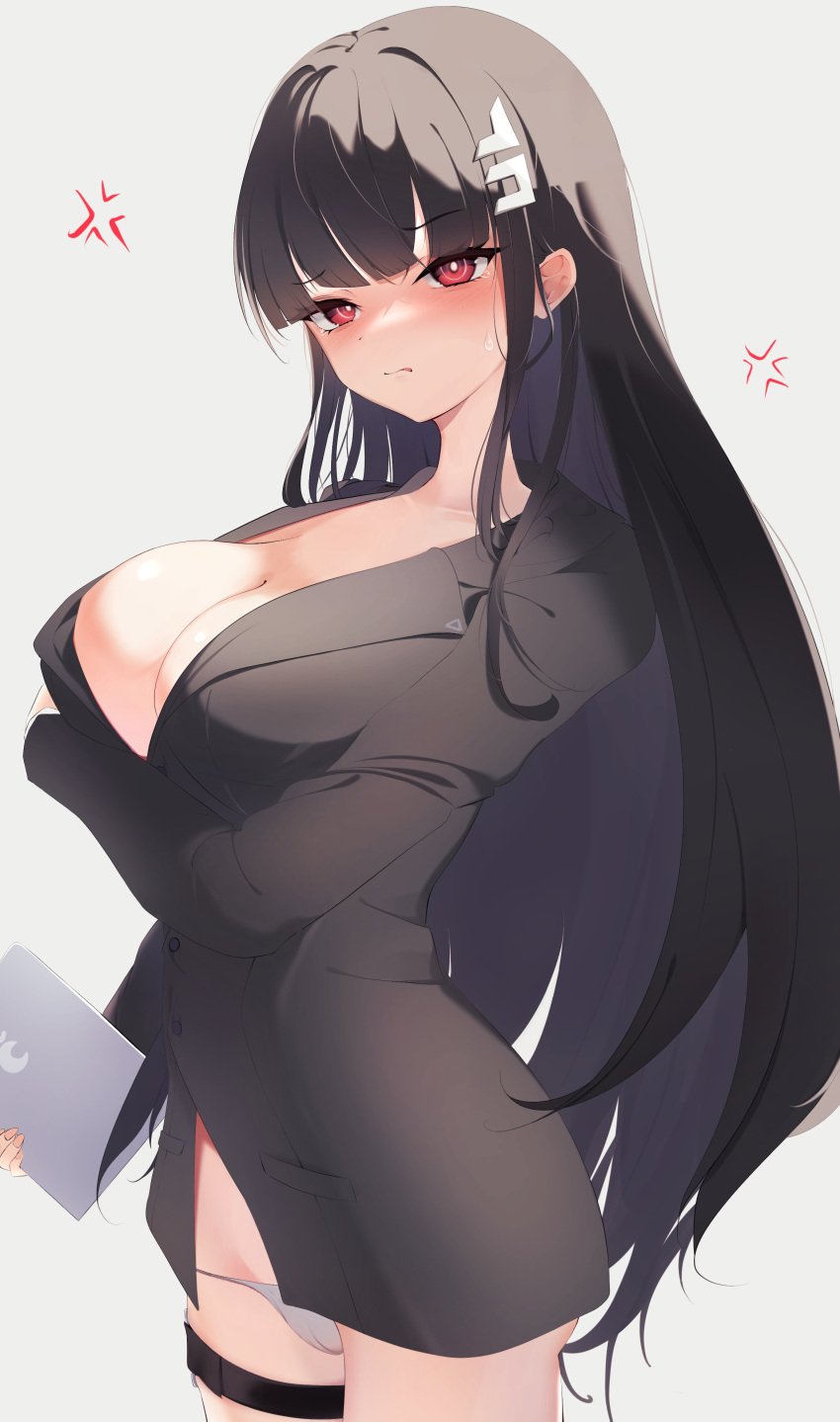 1girls anger_vein angry armed black_hair black_jacket blue_archive blush braless business_suit coat dark_hair diva_hitokarage_(一絡げ) embarrassed eyebrows_visible_through_hair female female_only frown frowning frowning_at_viewer g-string gray_panties hair_ornament high_school_student holding_up_breasts humiliation large_breasts leg_holster light-skinned_female light_skin long_hair millennium_science_school_student no_bra panties pistol red_eyes rio_(blue_archive) seminar_(blue_archive) seminar_president small_panties solo student student_council_president suit_jacket sweatdrop tablet teen teen_girl teenage_girl teenager thong_panties