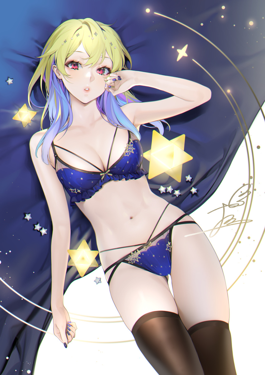 1girls 2d artist_signature blue_bra blue_hair blue_nail_polish blue_panties blue_underwear bra breasts female female_only highres light-skinned_female lingerie medium_breasts multicolored_hair nail_polish navel ohisashiburi original original_character pantsu pink_eyes revealing_clothes solo solo_female star_(symbol) stockings thighhighs two-tone_hair underwear yellow_hair yuson_(ohisashiburi)