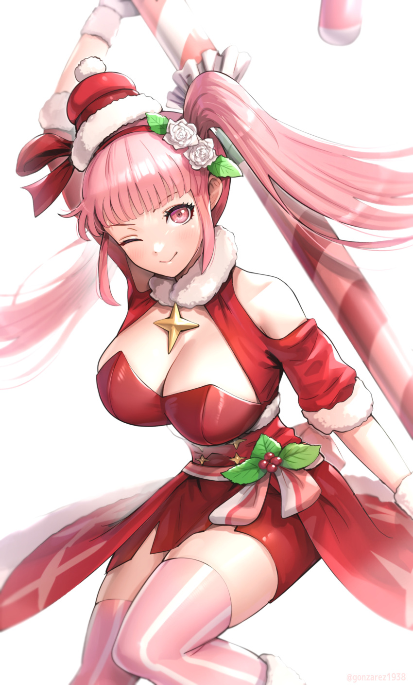 1girls alternate_costume bangs bare_shoulders blush breasts brooch candy candy_cane christmas christmas_outfit cleavage closed_mouth commentary_request diagonal_stripes female female_only fire_emblem fire_emblem:_three_houses fire_emblem_heroes food gloves gonzarez hair_ornament highres hilda_valentine_goneril hilda_valentine_goneril_(winter) jewelry large_breasts long_hair looking_at_viewer nintendo official_alternate_costume one_eye_closed pink_eyes pink_hair pink_thighhighs revision simple_background smile solo star_brooch striped thighhighs twintails white_gloves zettai_ryouiki